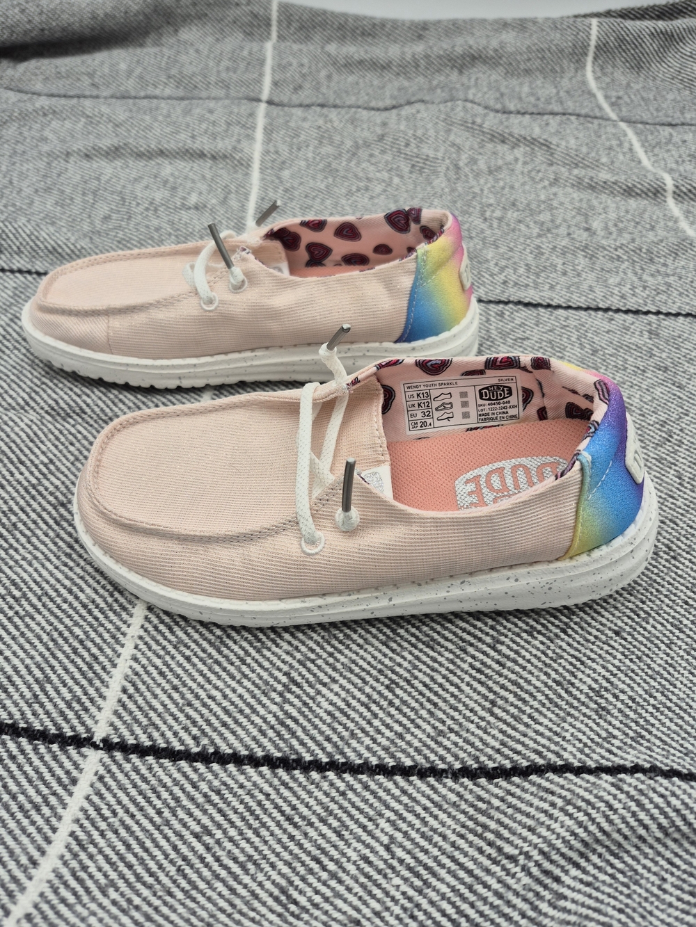 Hey Dude Pink Canvas Slip-Ons with Rainbow Heel Accent K13